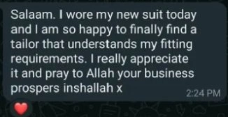 Customer says they are happy to find someone who understands their fitting requirements