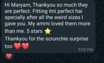 UK customer thanking Maryam for the fit and the scrunchie surprise